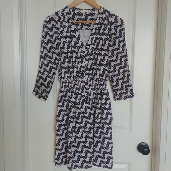 Shoshanna 100% silk dress white navy blue geometric pattern button down … - Picture 1 of 12